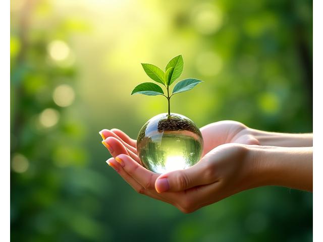 Hands cradling a vibrant green sprout within a clear glass sphere, symbolizing health and environmental purity.