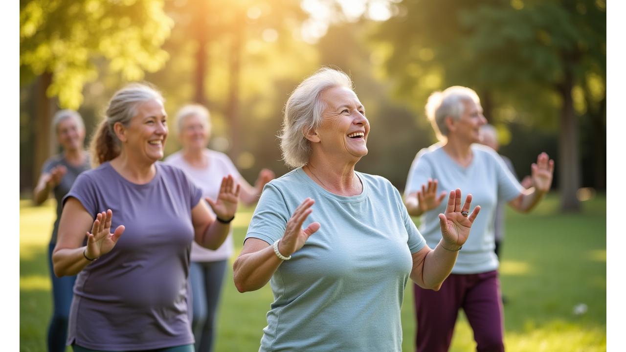 Joyful diverse group of older adults engaged in light exercise in a bright, natural setting
