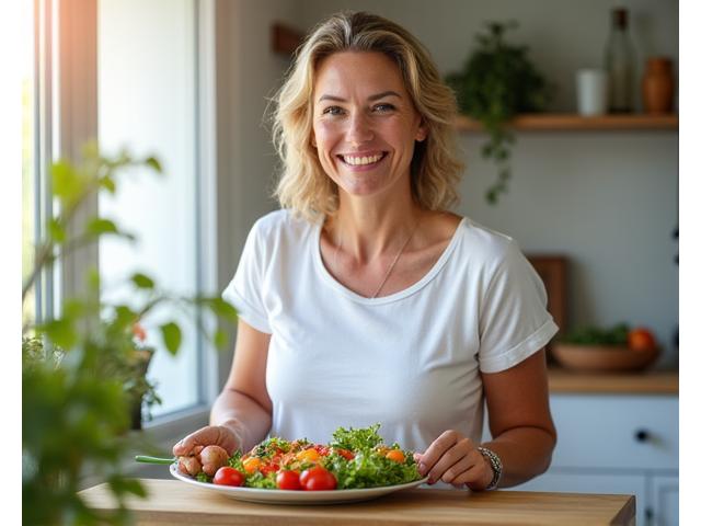 Woman enjoying a well-balanced meal plan in a vibrant, natural setting, symbolizing sustainable healthy habits