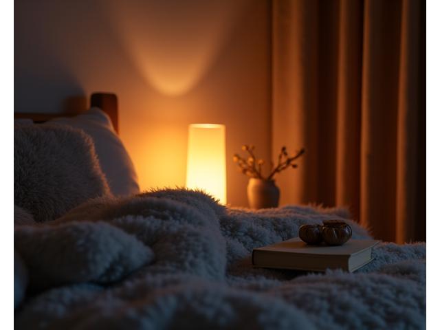 Peaceful bedroom setting with soft lighting, suggesting an evening wind-down practice.