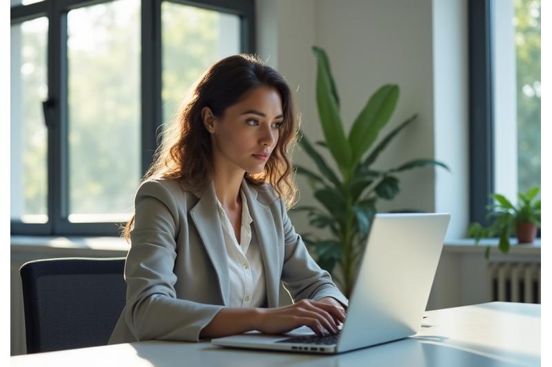 Person mindfully focused at a desk in a modern office, depicting calm and productivity.