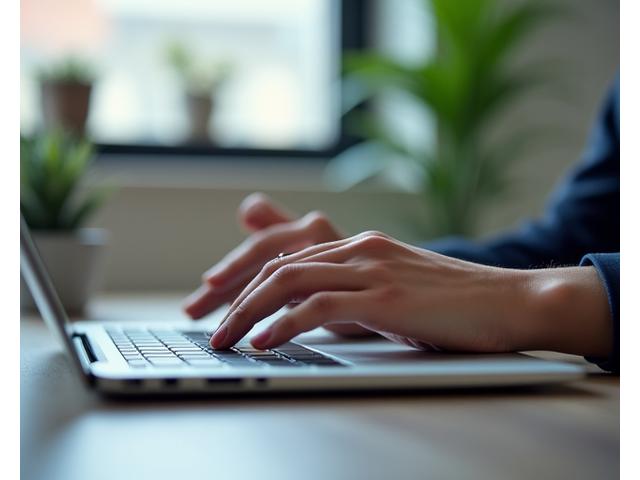 Person using a laptop with hands clasped, illustrating workplace stress relief techniques.