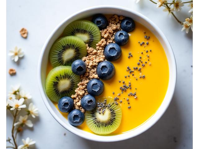 Colorful energy-boosting breakfast bowl with oats, fruit, and nuts