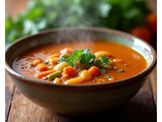Hearty gut-healing soup with bone broth and assorted vegetables