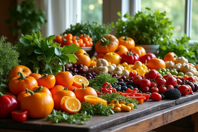Table laden with colorful immune-boosting fruits, vegetables, and herbs