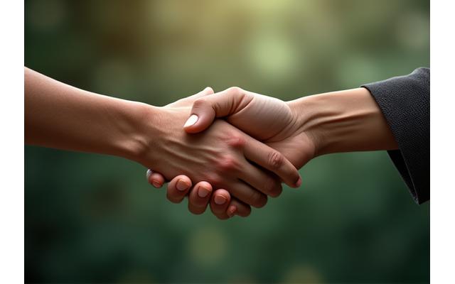 Two hands shaking, symbolizing trust and partnership, with a soft, green hue filtering over the scene.
