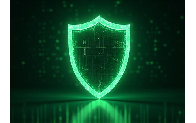 A stylized, glowing digital shield icon representing robust data security, with abstract circuit board elements in the background, bathed in green and blue tones.