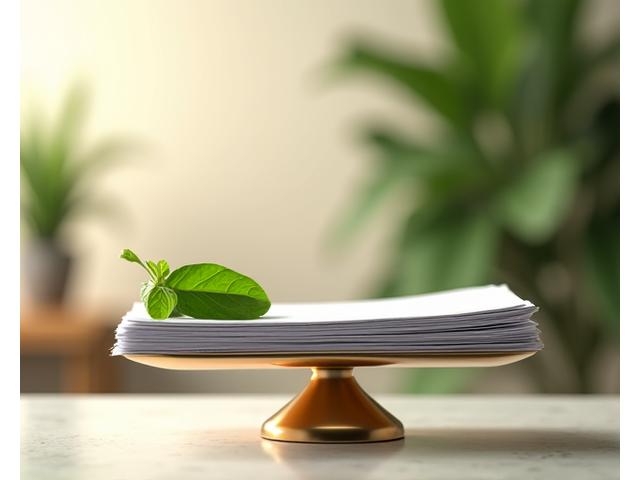 A balanced scale with a green leaf on one side, and legal documents on the other, signifying fairness, balance, and trust in Veridyn Bloom's terms of service.
