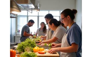 Group cooking class in a modern kitchen setting, highlighting local San Jose events