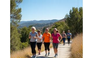 Group enjoying a guided wellness walk in a scenic San Jose trail, representing local fitness events